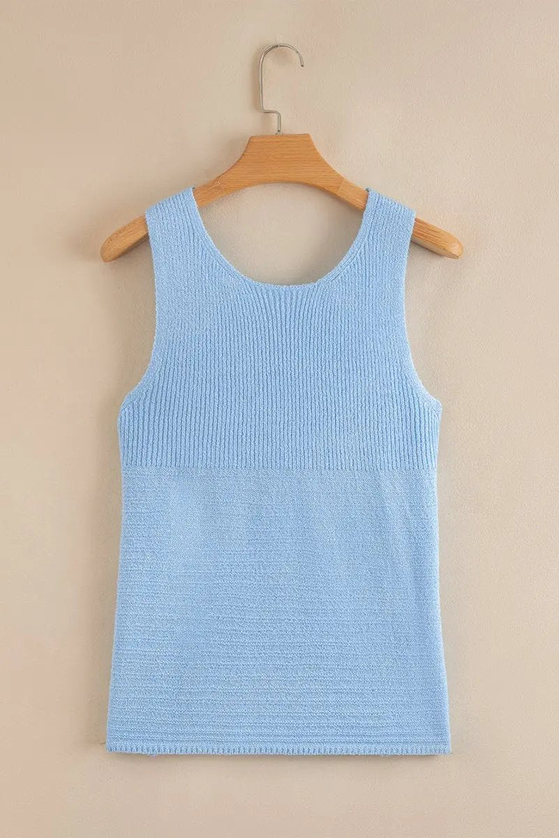 Beau Blue Horizontal Ribbing Patchwork Swing Sweater Tank Top - Love Salve